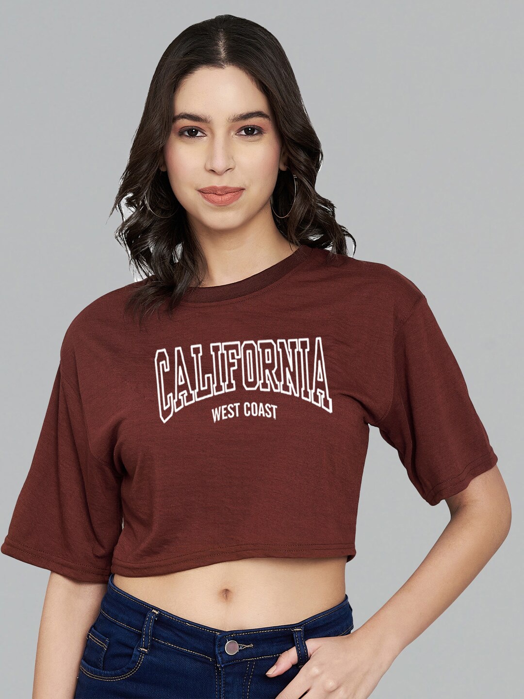 

Trend Level Typography Printed Cotton Crop Top, Brown