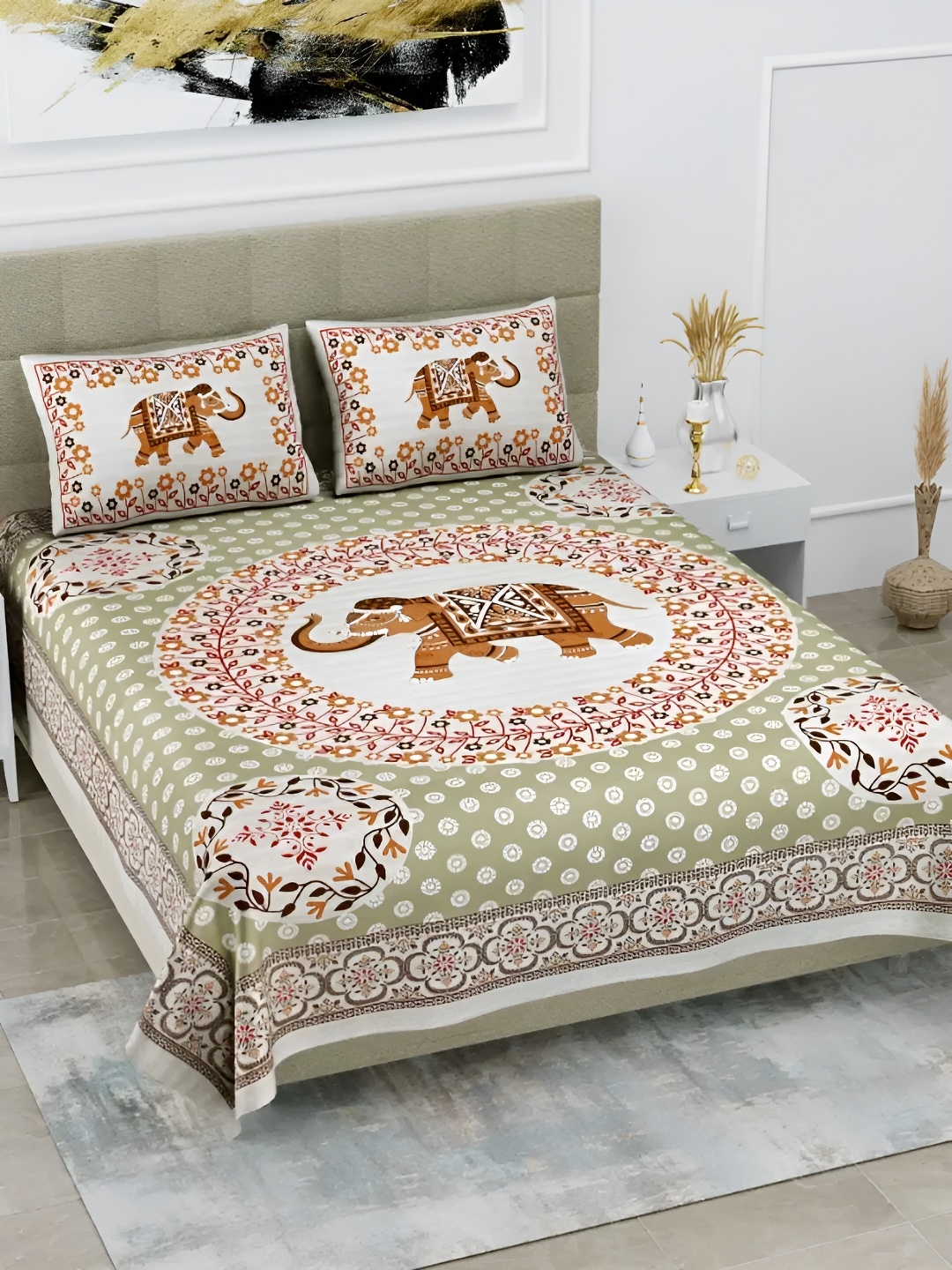 

LIVING ROOTS Double Queen Size Jaipur Block Print Cotton Double Bedsheet & 2 Pillow Covers, Green