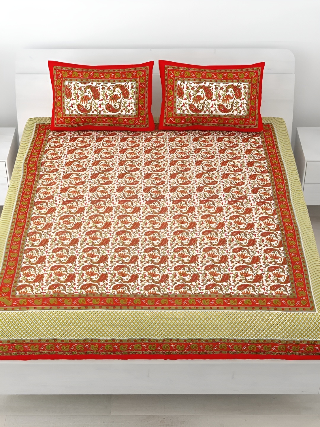 LIVING ROOTS Double Queen Size Jaipur Block Print Cotton Double Bedsheet & 2 Pillow Covers, Red