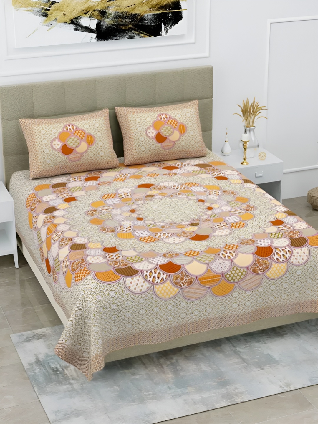 

LIVING ROOTS Double Queen Size Jaipur Block Print Cotton Double Bedsheet & 2 Pillow Covers, Bronze