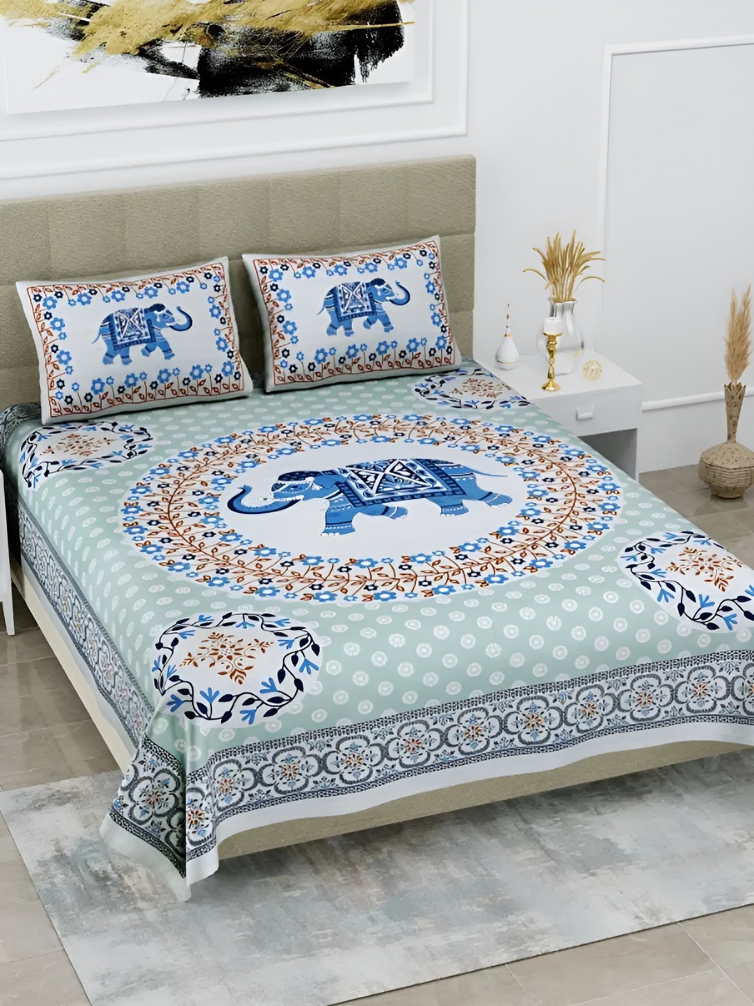 LIVING ROOTS Double Queen Size Jaipur Block Print Cotton Double Bedsheet & 2 Pillow Covers, Blue