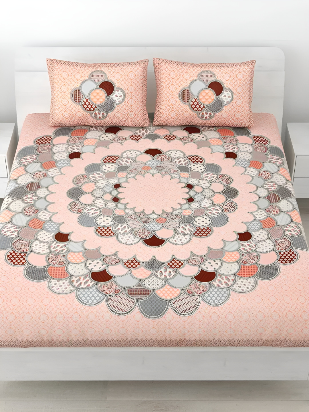 

LIVING ROOTS Double Queen Size Jaipur Block Print Cotton Double Bedsheet & 2 Pillow Covers, Peach