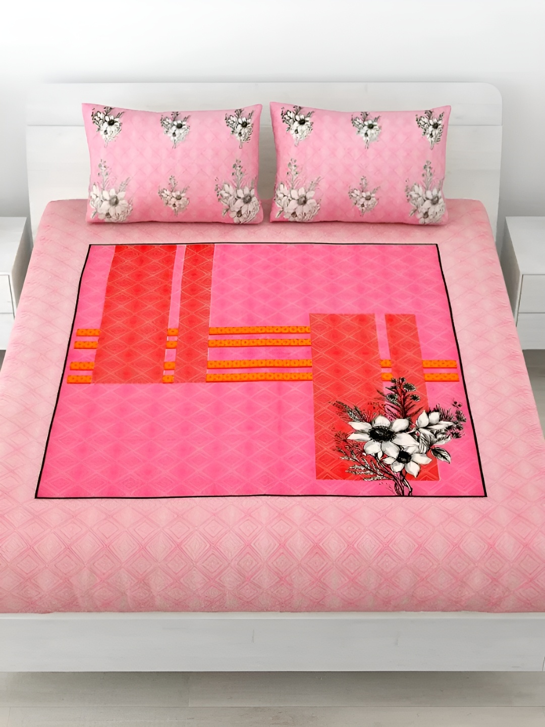 

LIVING ROOTS Double Queen Size Jaipur Block Print Cotton Double Bedsheet & 2 Pillow Covers, Pink