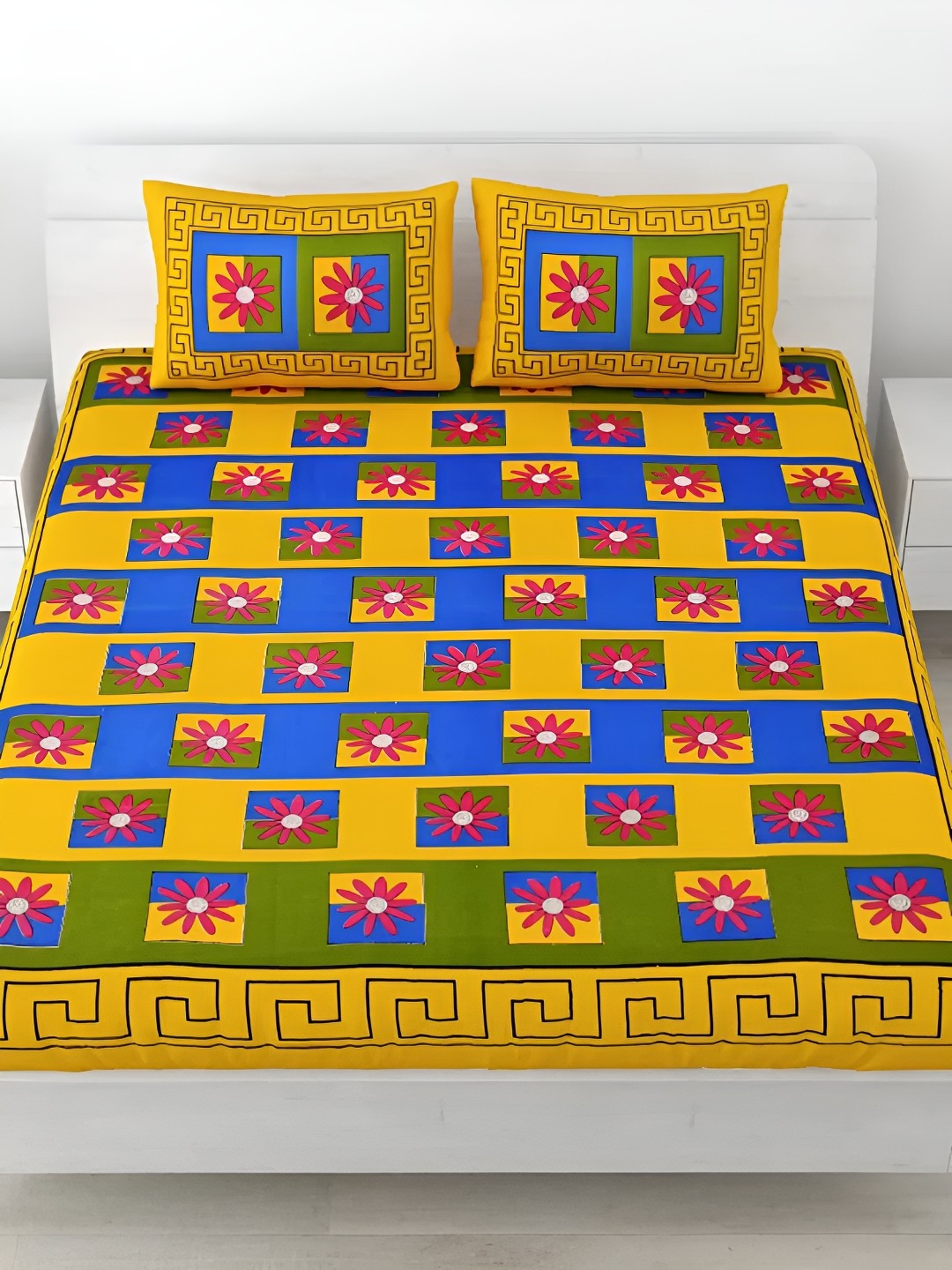 LIVING ROOTS Double Queen Size Jaipur Block Print Cotton Double Bedsheet & 2 Pillow Covers, Yellow