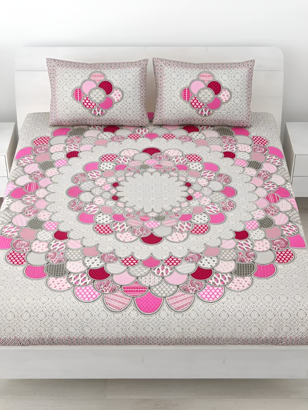 

LIVING ROOTS Pink Ethnic Motifs 144 TC Queen Pure Cotton Bedsheet with 2 Pillow Covers