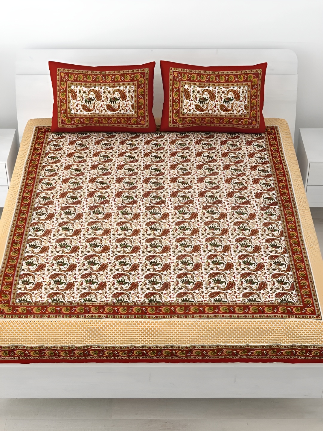 

LIVING ROOTS Double Queen Size Jaipur Block Print Cotton Double Bedsheet & 2 Pillow Covers, Red