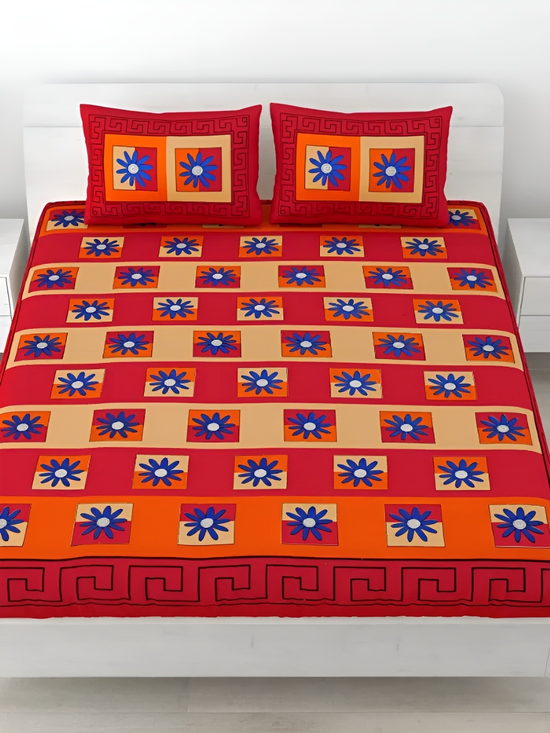 

LIVING ROOTS Double Queen Size Jaipur Block Print Cotton Double Bedsheet & 2 Pillow Covers, Red