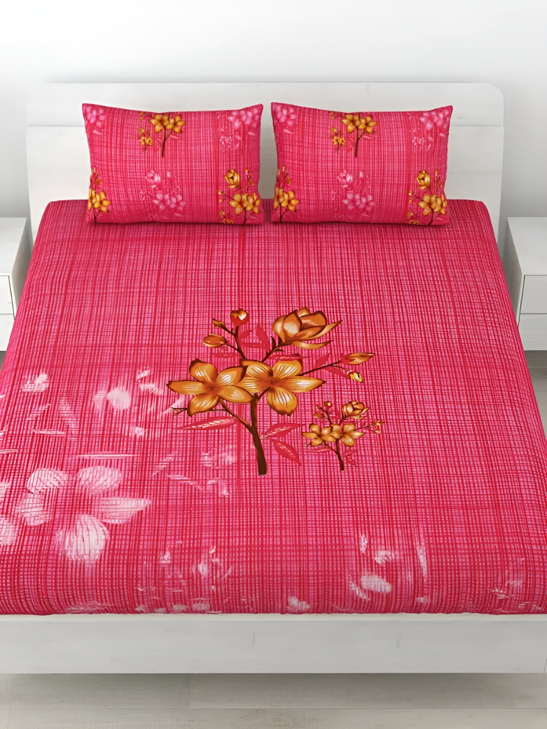 

LIVING ROOTS Double Queen Size Jaipur Block Print Cotton Double Bedsheet & 2 Pillow Covers, Pink