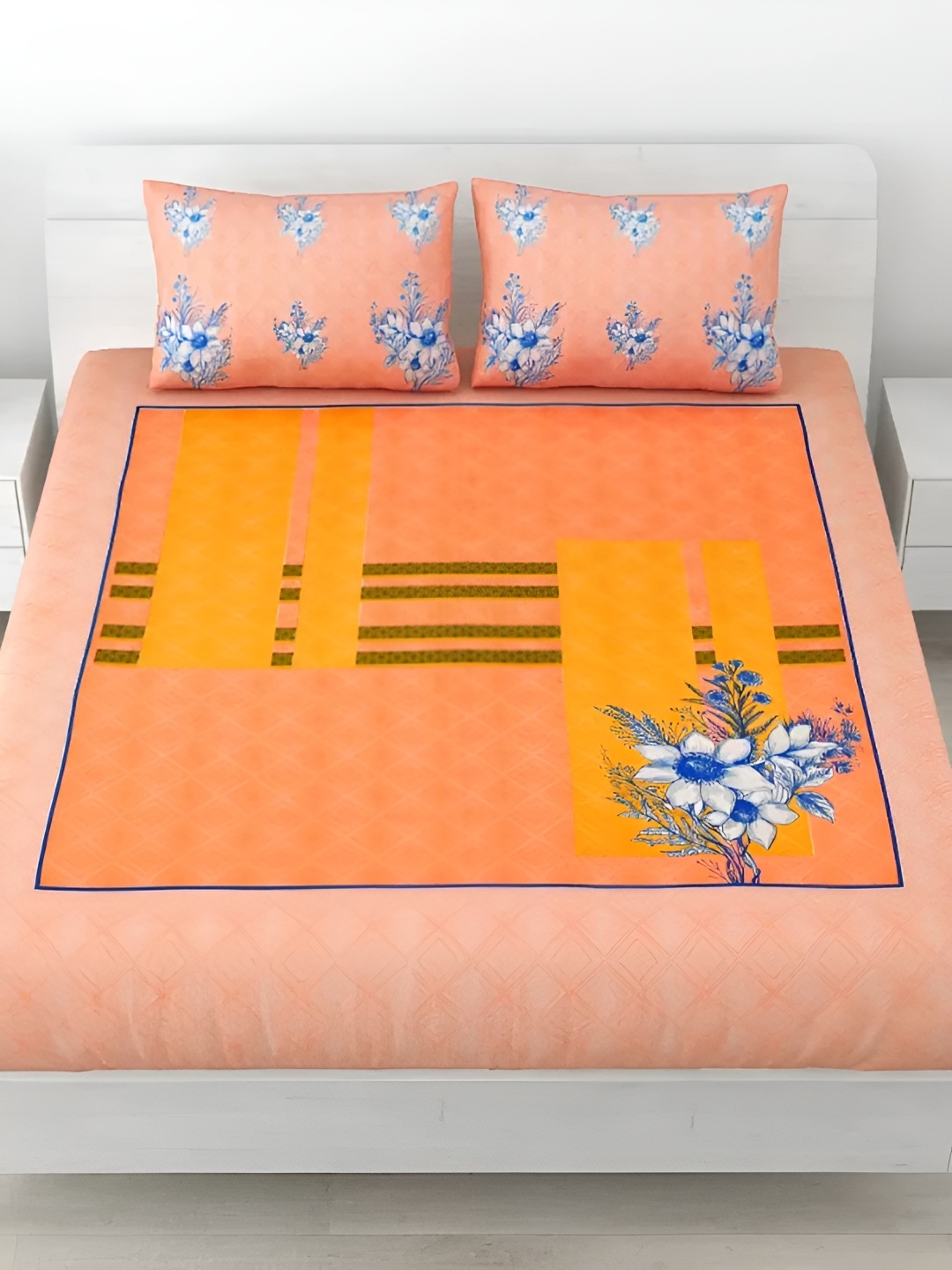 

LIVING ROOTS Double Queen Size Jaipur Block Print Cotton Double Bedsheet & 2 Pillow Covers, Peach