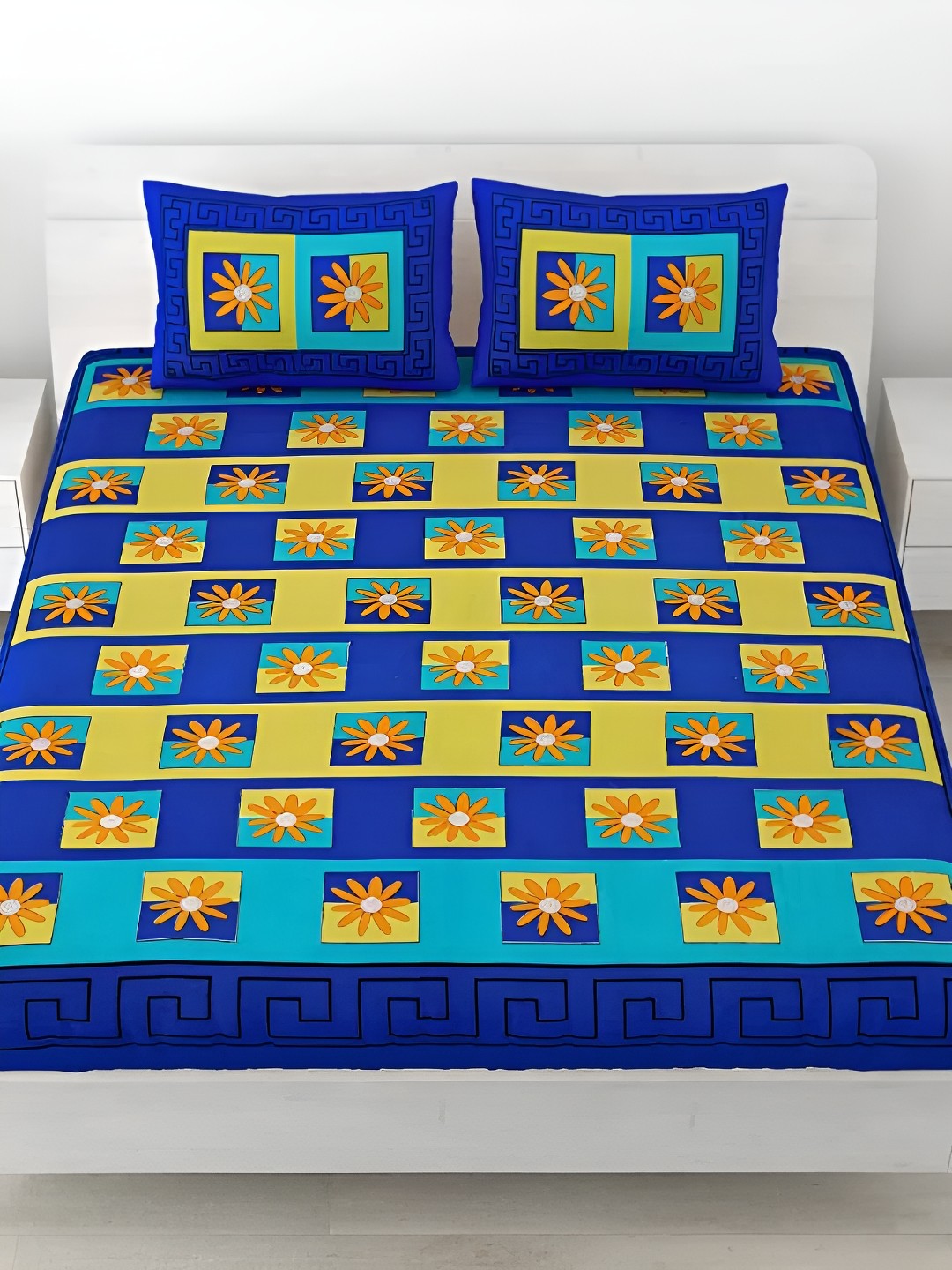 

LIVING ROOTS Double Queen Size Jaipur Block Print Cotton Double Bedsheet & 2 Pillow Covers, Blue