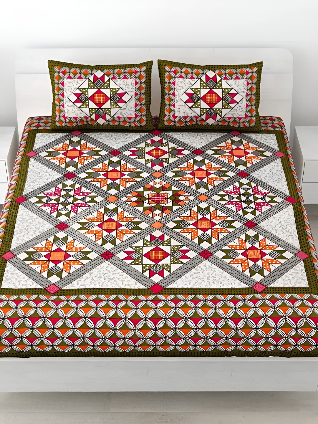 LIVING ROOTS Double Queen Size Jaipur Block Print Cotton Double Bedsheet & 2 Pillow Covers, Green
