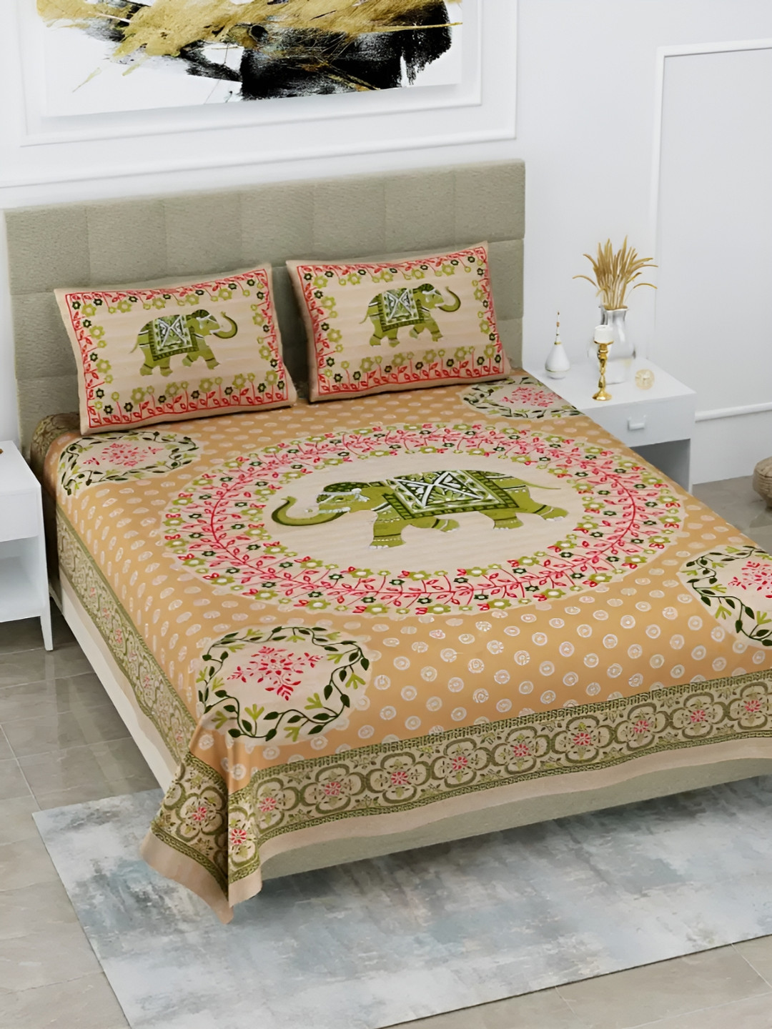 

LIVING ROOTS Double Queen Size Jaipur Block Print Cotton Double Bedsheet & 2 Pillow Covers, Beige