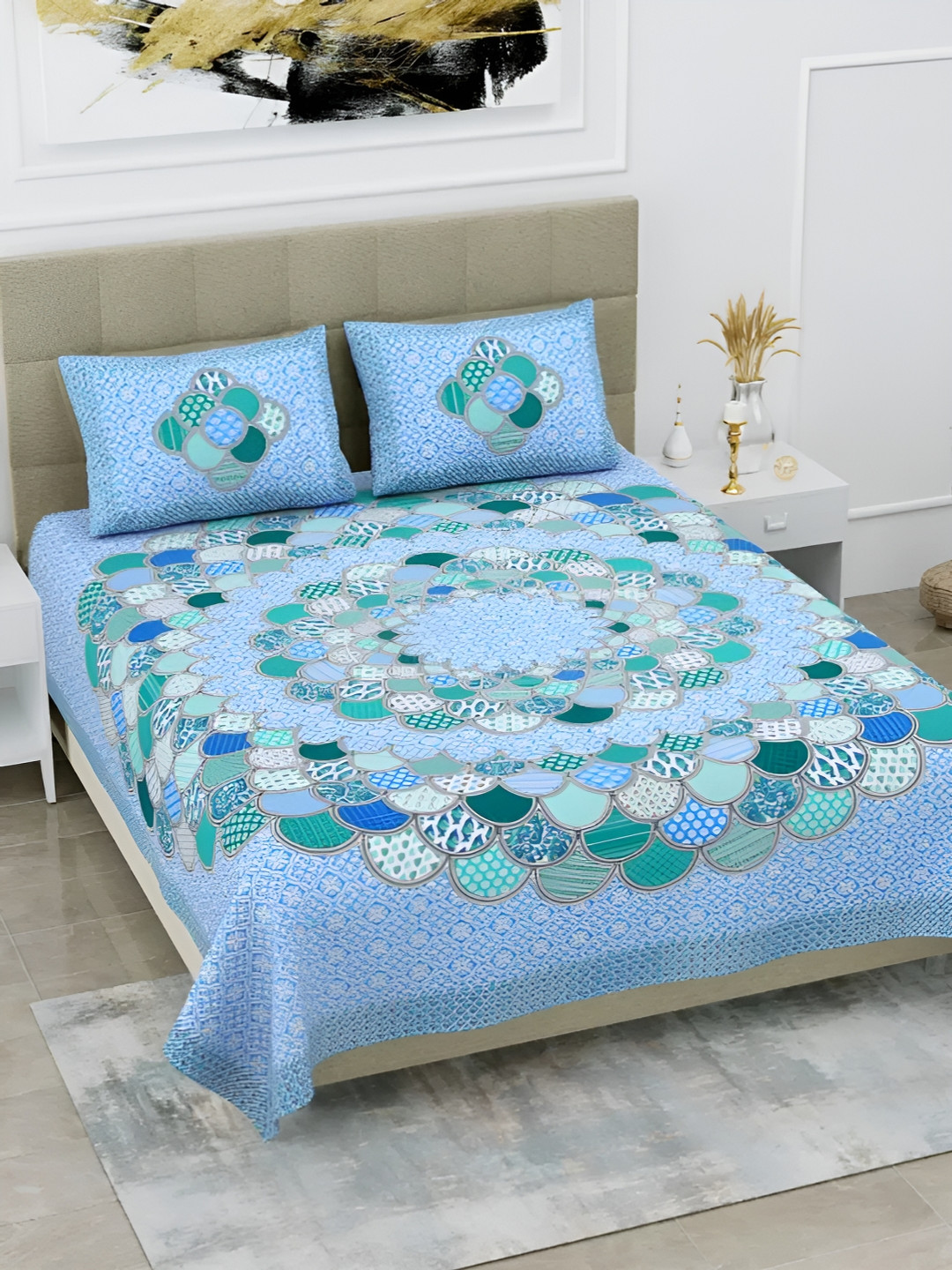

LIVING ROOTS Double Queen Size Jaipur Block Print Cotton Double Bedsheet & 2 Pillow Covers, Blue
