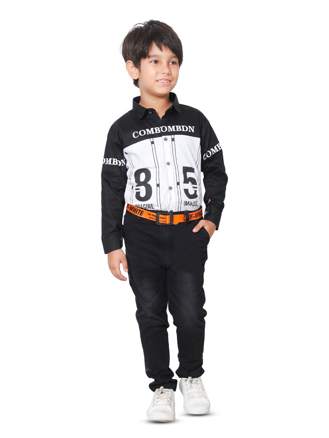 

BAESD Boys Printed Shirt Collar Long Sleeves Shirt With Trouser, Black