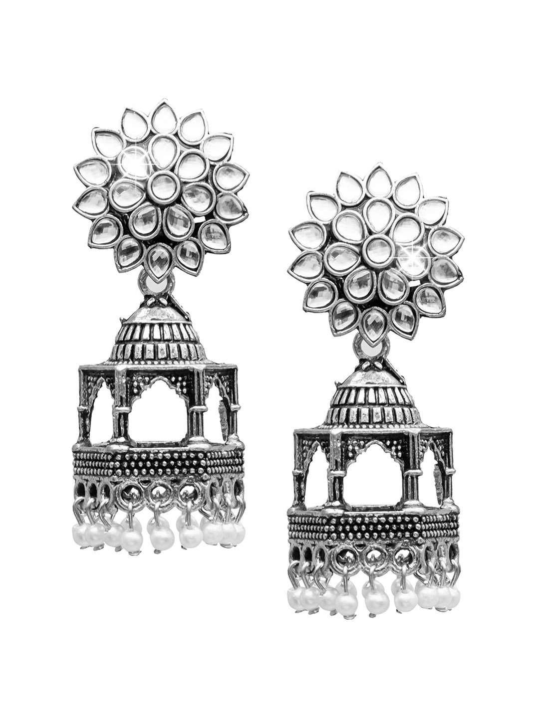 

Shining Jewel - By Shivansh Silver-Plated Cubic Zirconia Antique Contemporary Jhumkas