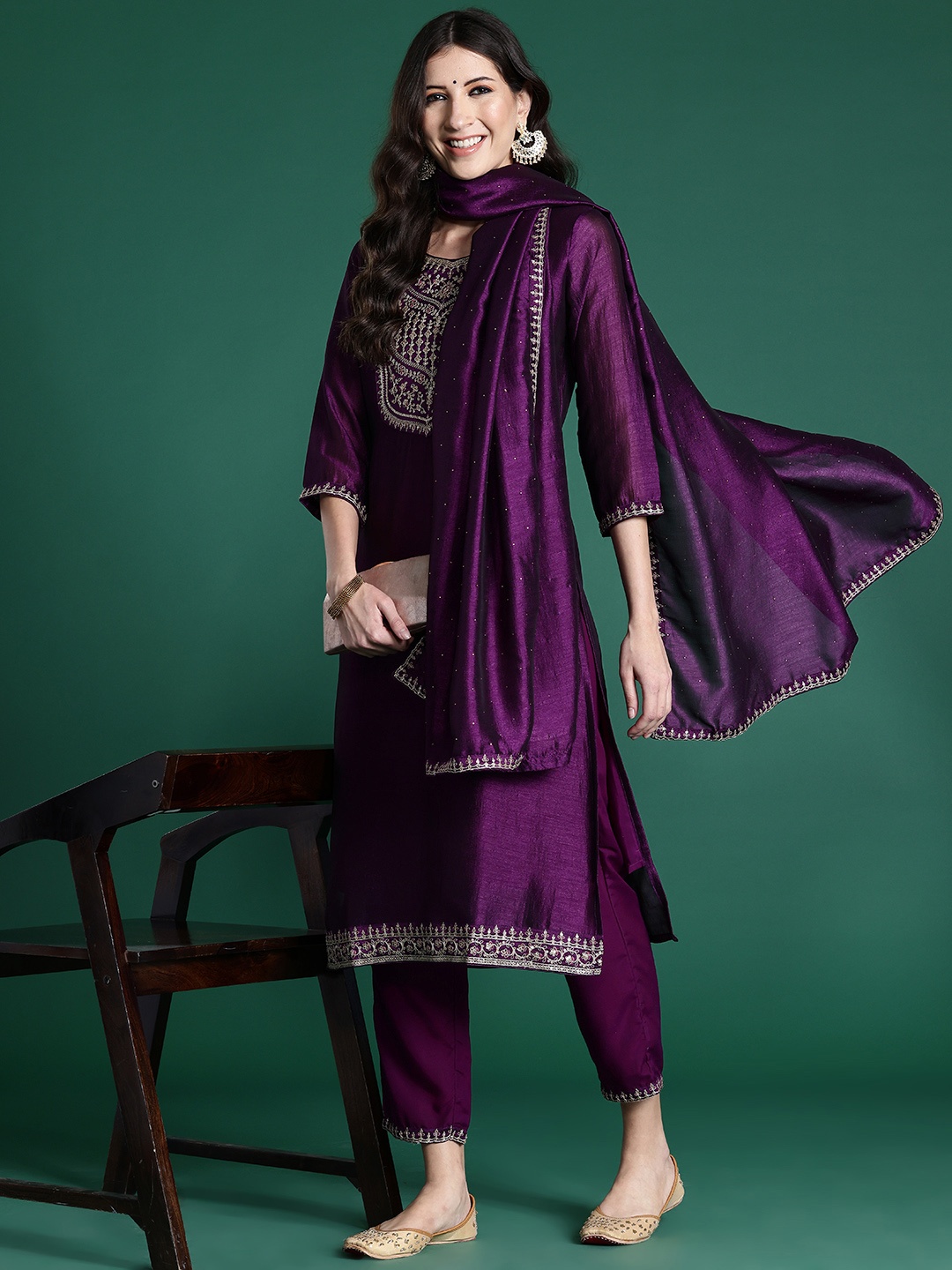 

Indo Era Women Floral Embroidered Regular Sequinned Kurta with Trousers & With Dupatta, Purple