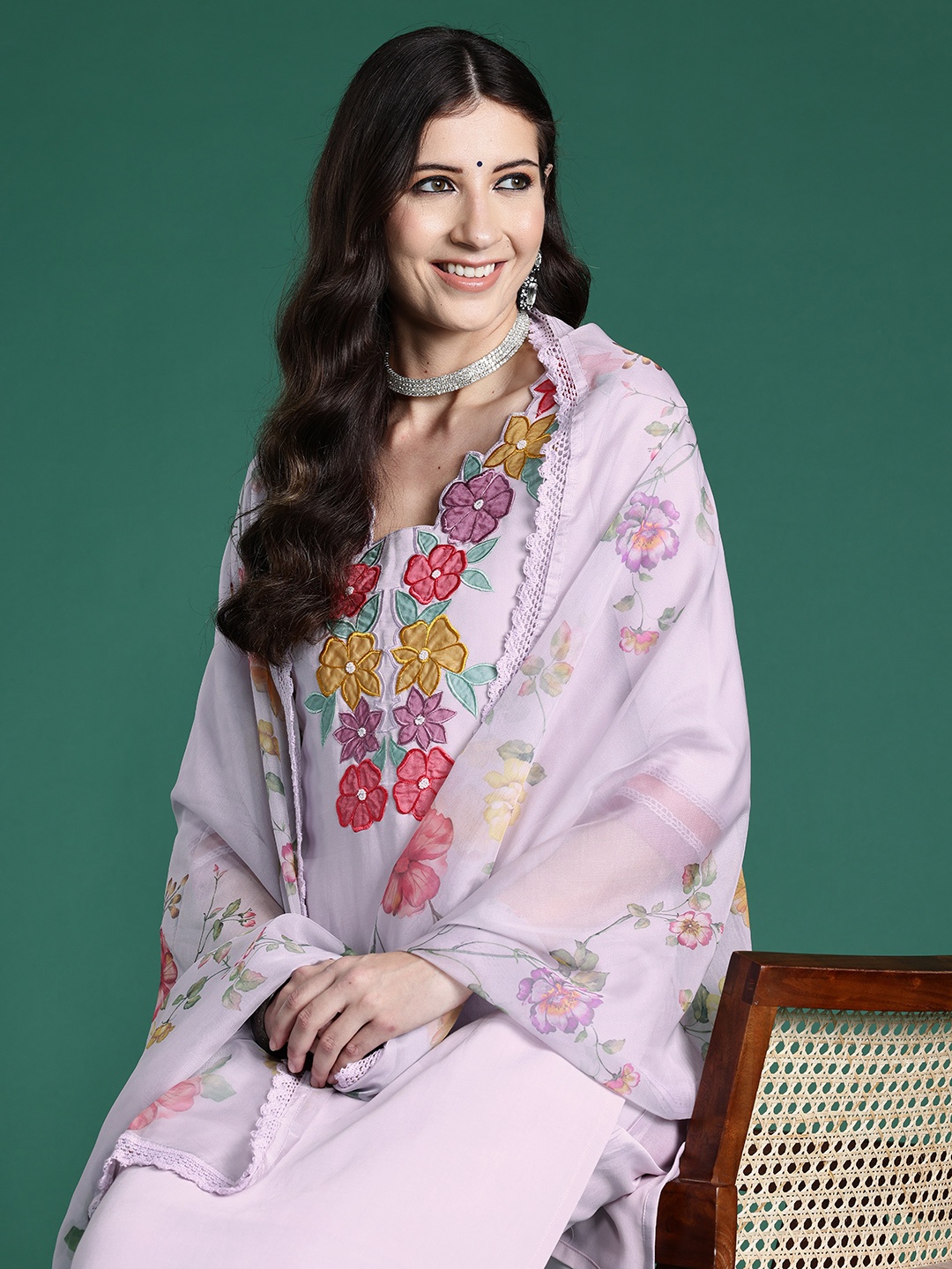 

Indo Era Women Floral Embroidered Regular Patchwork Kurta with Trousers & With Dupatta, Lavender