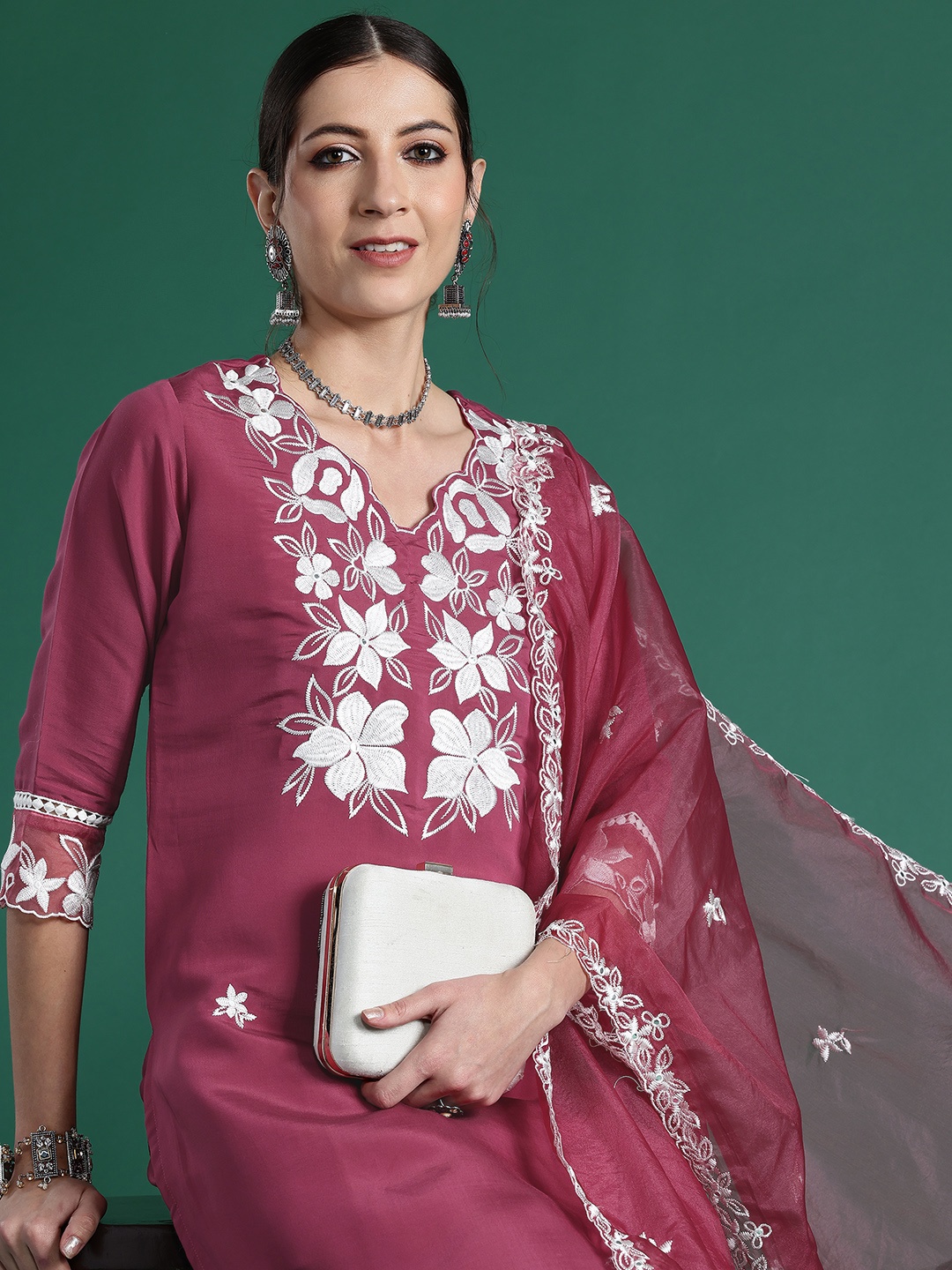 

Indo Era Floral Embroidered Thread Work Kurta with Trousers & Dupatta, Pink