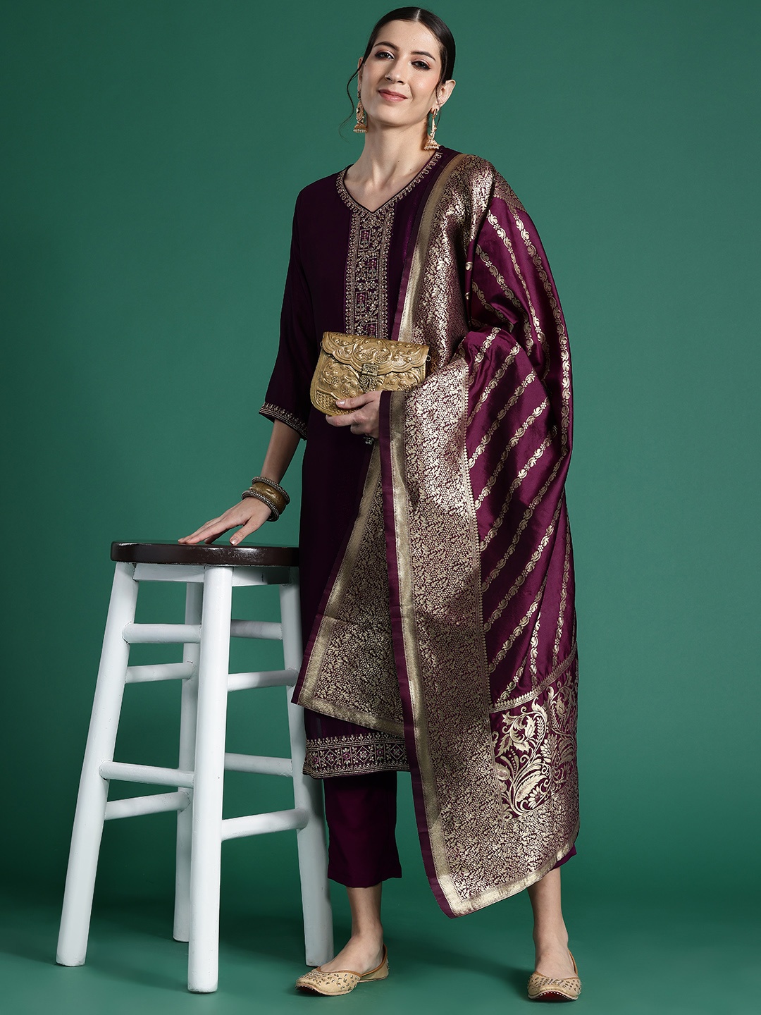 

Indo Era Ethnic Motifs Yoke Design Zari Kurta with Trousers & Dupatta, Burgundy