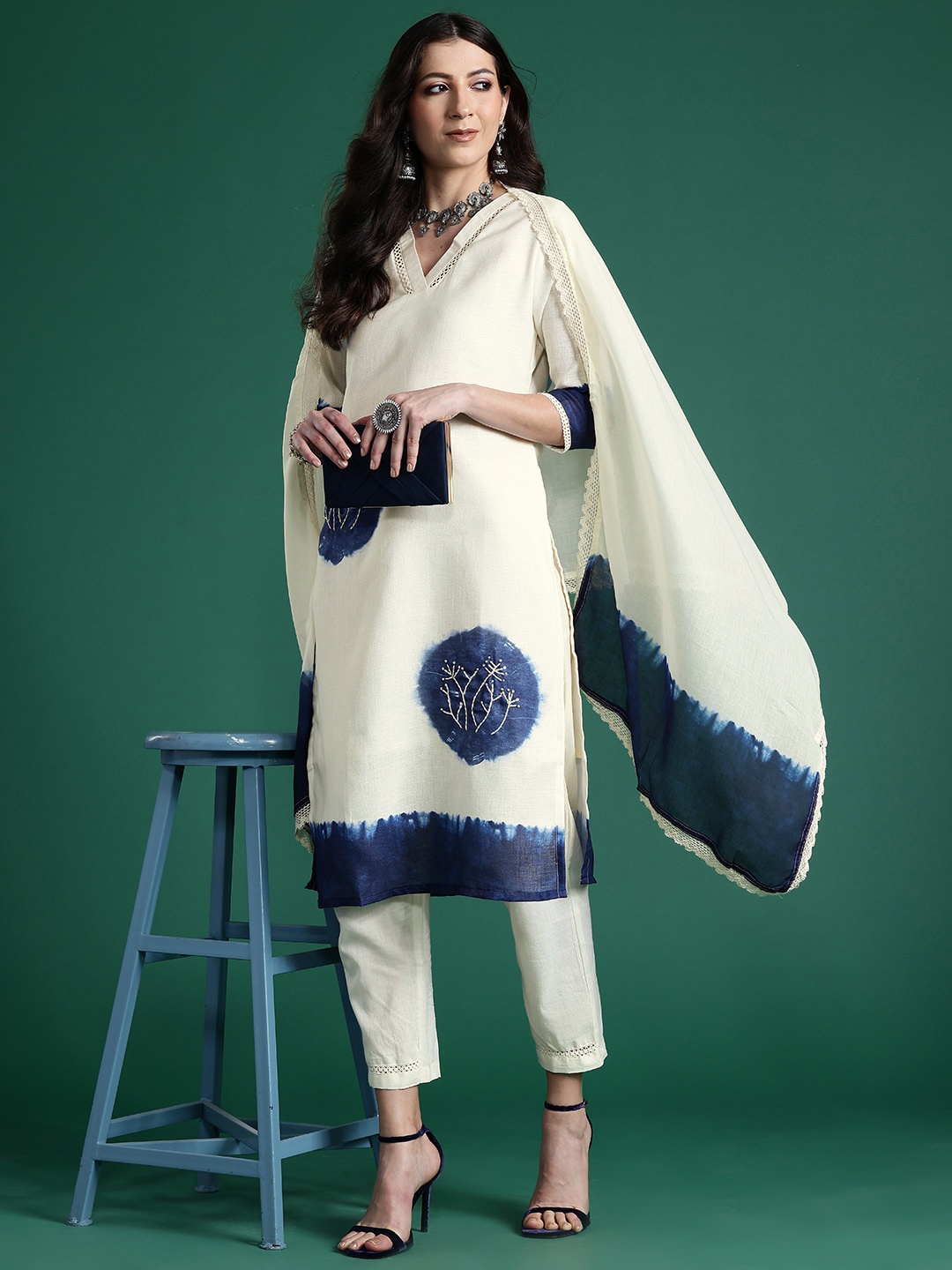 

Indo Era Dyed Thread Work Linen Kurta with Trousers & Dupatta, Off white