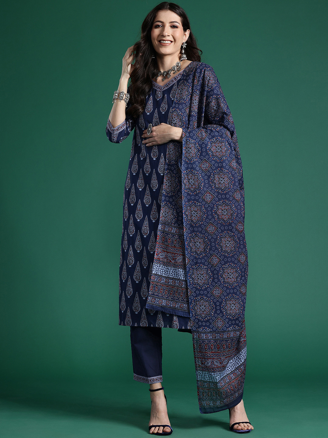 

Indo Era Women Ethnic Motifs Printed Regular Pure Cotton Kurta with Trousers & With Dupatta, Blue