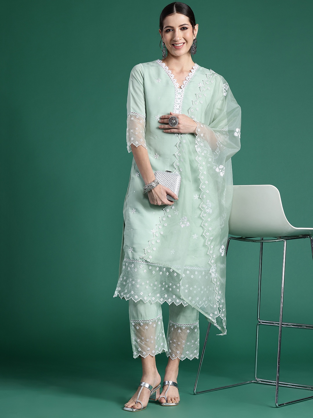 

Indo Era Women Floral Embroidered Regular Thread Work Kurta with Trousers & With Dupatta, Sea green