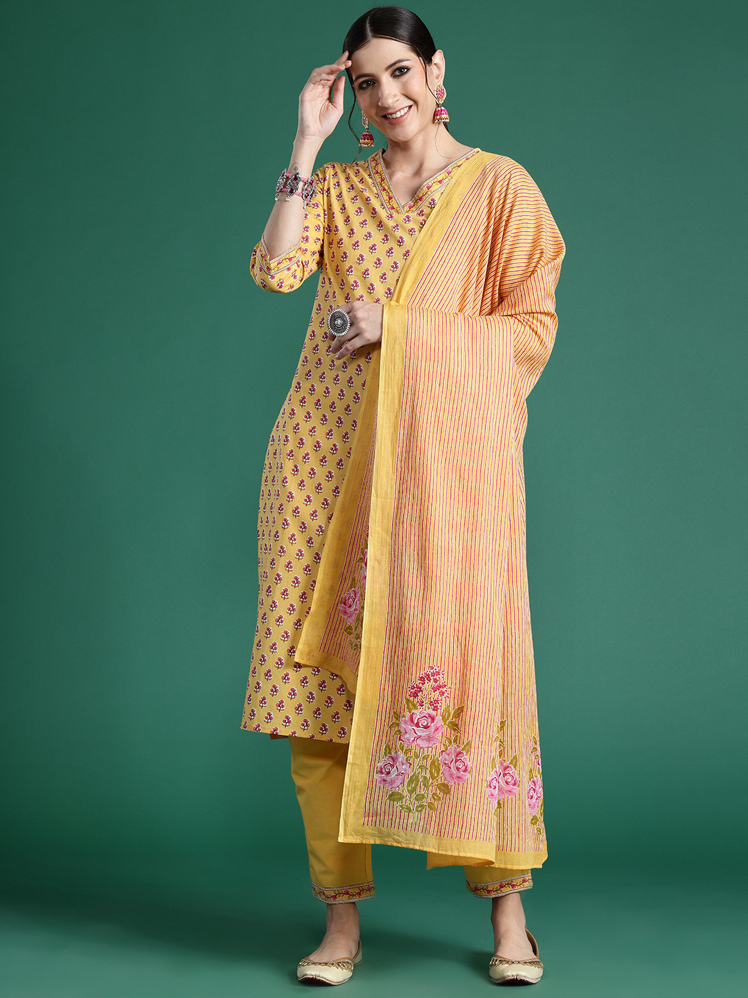 

Indo Era Women Ethnic Motifs Printed Regular Pure Cotton Kurta with Trousers & With Dupatta, Yellow