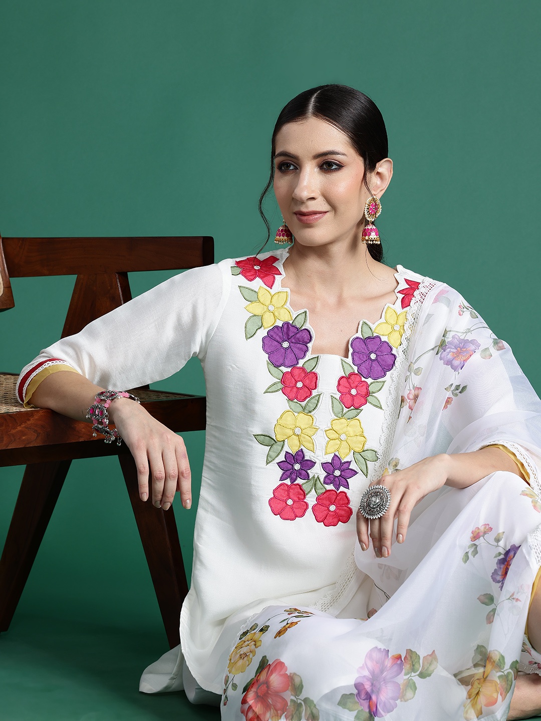 

Indo Era Women Floral Embroidered Regular Patchwork Kurta with Trousers & With Dupatta, Off white