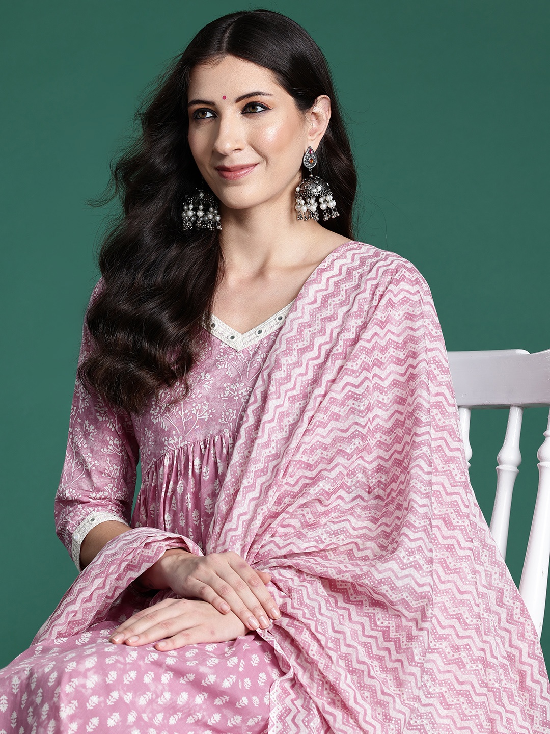 

Indo Era Women Floral Printed Empire Mirror Work Pure Cotton Kurta with Trousers & With Dupatta, Pink
