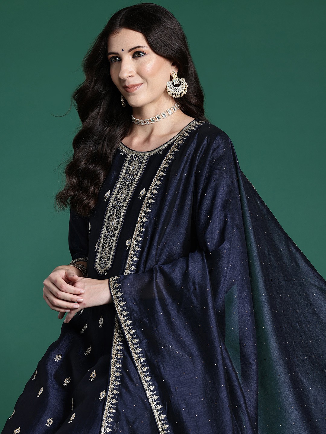 

Indo Era Women Ethnic Motifs Embroidered Regular Sequinned Kurta with Trousers & With Dupatta, Navy blue