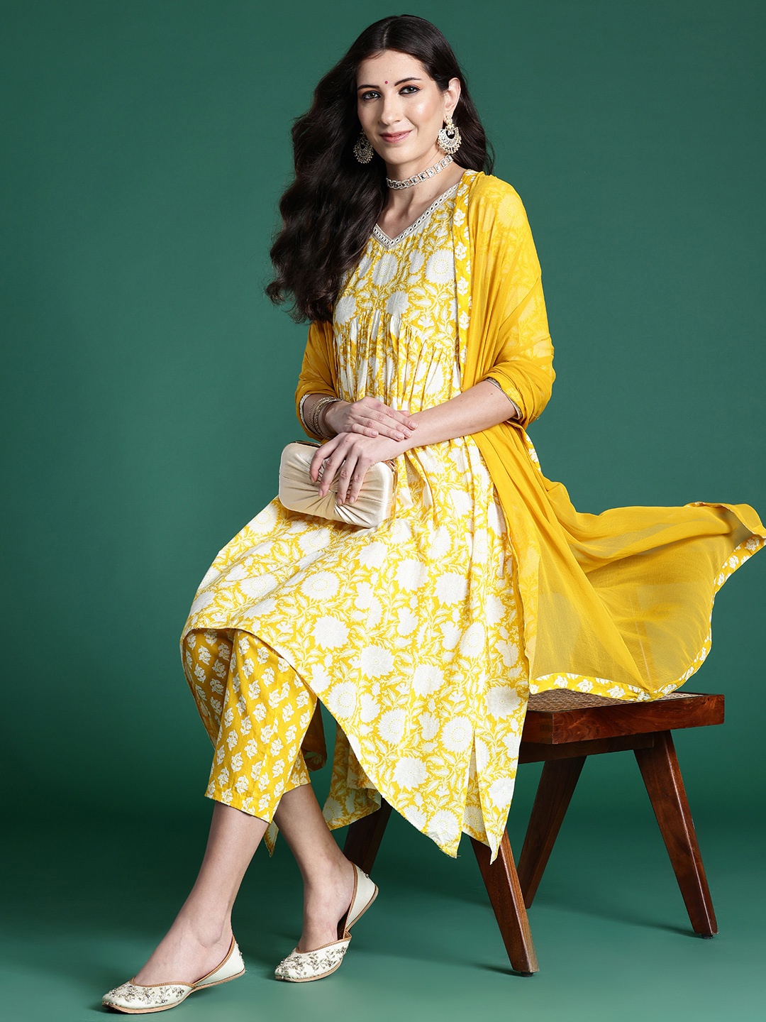 

Indo Era Women Floral Printed Empire Mirror Work Pure Cotton Kurta with Trousers & With Dupatta, Yellow