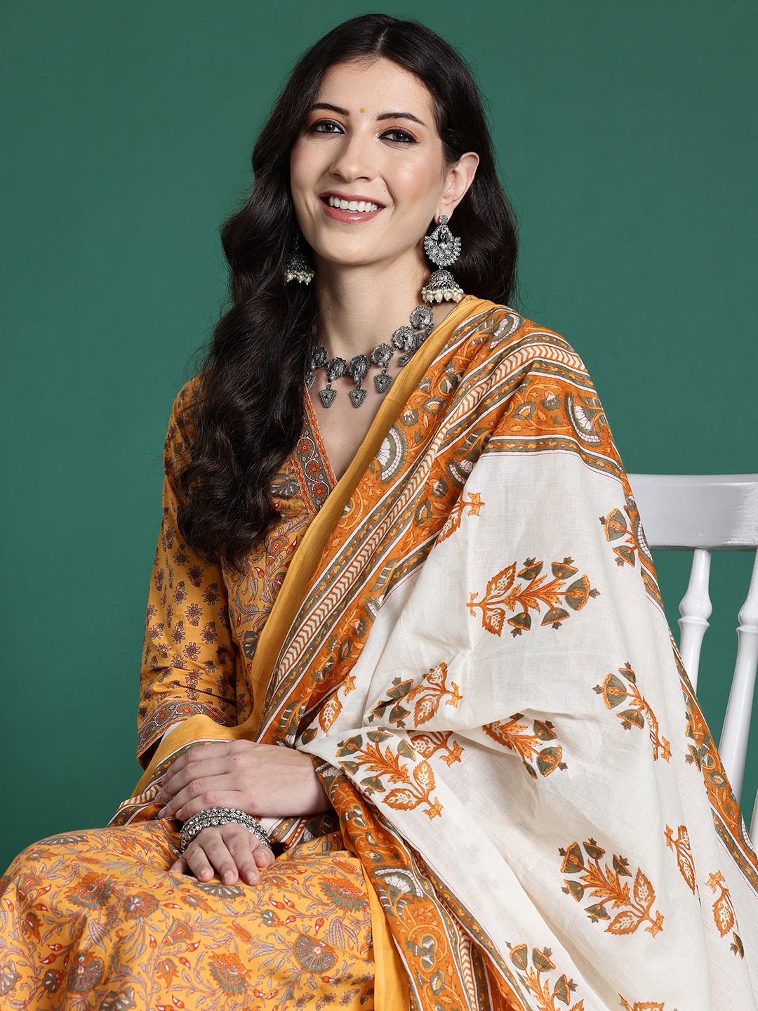 

Indo Era Women Floral Printed Panelled Gotta Patti Pure Cotton Kurta with Trousers & With Dupatta, Yellow