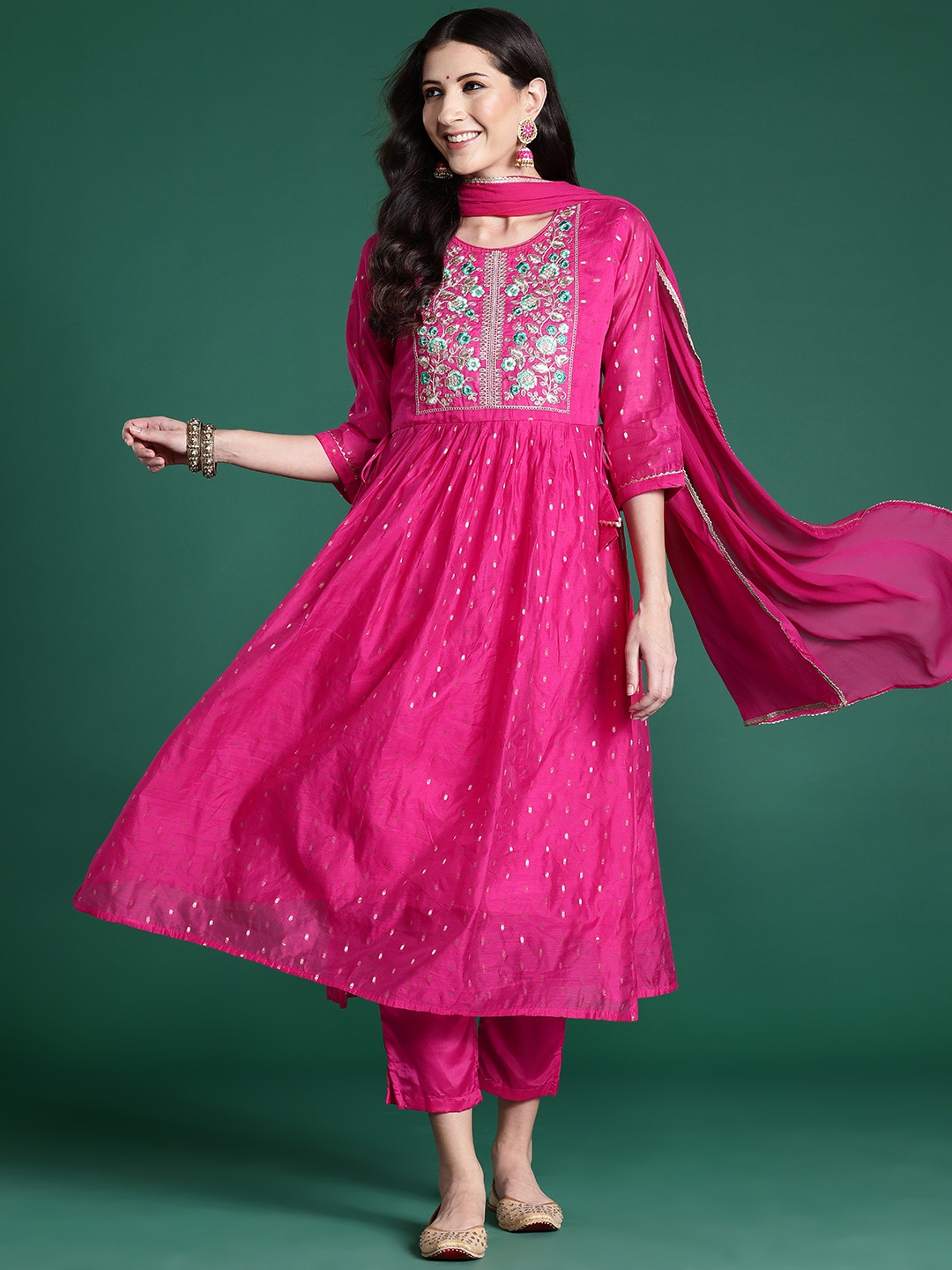 

Indo Era Women Floral Embroidered Empire Thread Work Chanderi Silk Kurta with Trousers & With Dupatta, Pink