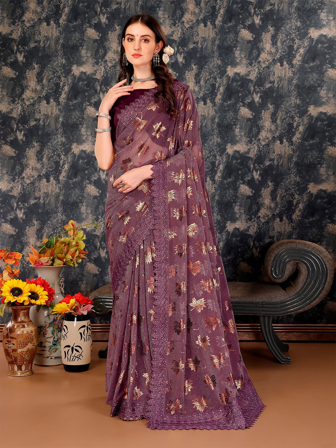

Mitera Floral Printed Leef Foil Embroidered Saree, Purple