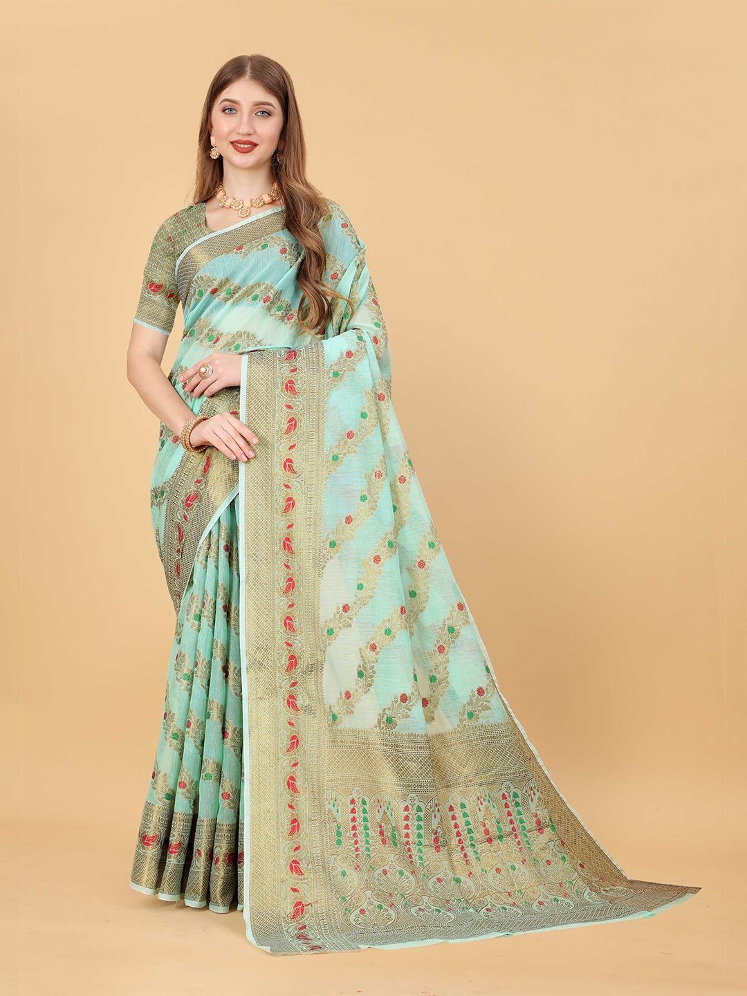 

Mitera Floral Woven Design Zari Saree, Blue