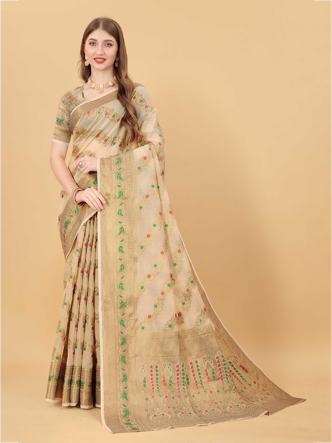 

Mitera Floral Woven Design Zari Saree, Beige