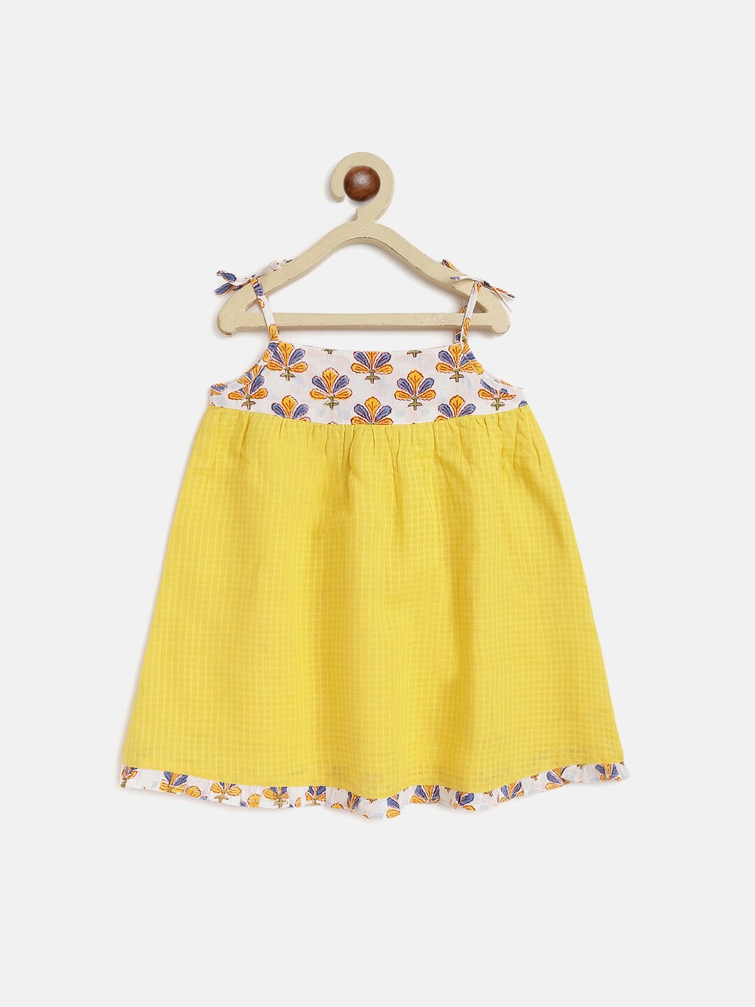 

charkhee Shoulder Straps Printed Cotton A-Line Dress, Yellow