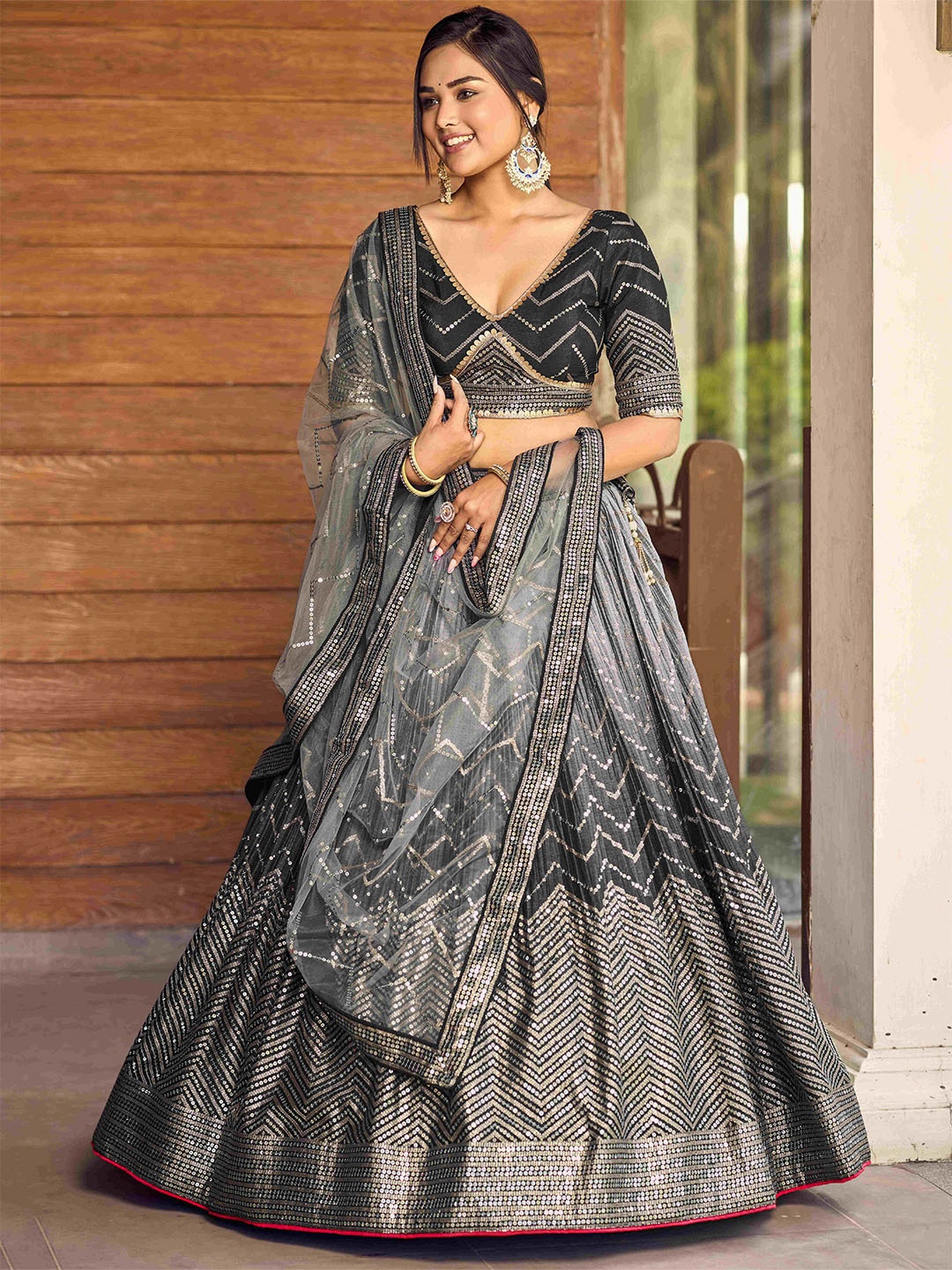 

FABPIXEL Embellished Sequinned Semi-Stitched Lehenga & Unstitched Blouse With Dupatta, Black