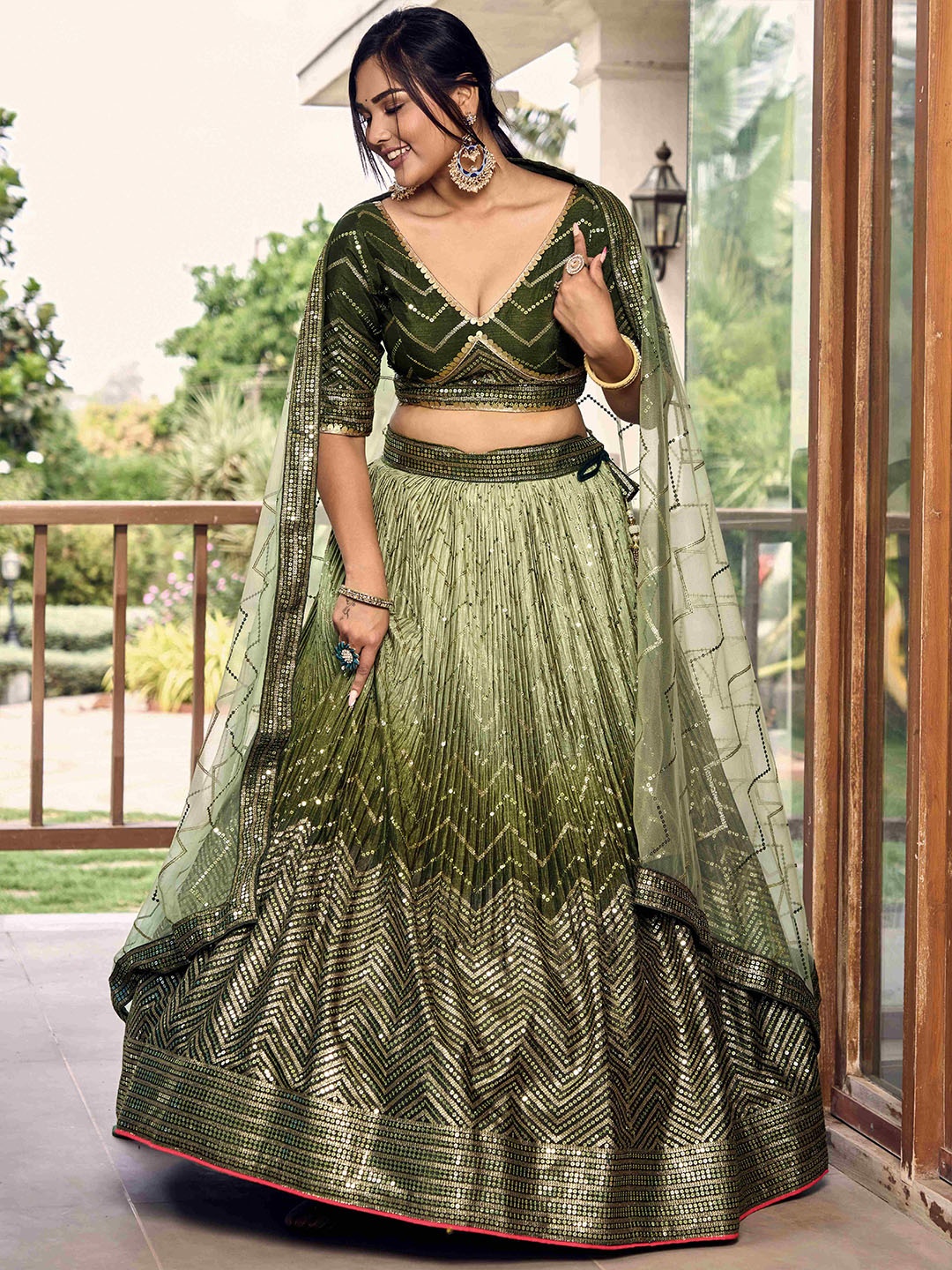 

FABPIXEL Embellished Sequinned Semi-Stitched Lehenga & Unstitched Blouse With Dupatta, Green