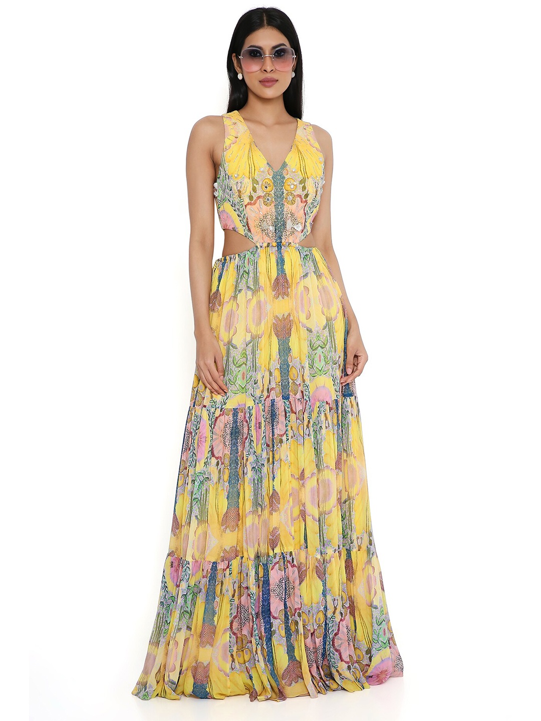 

Payal Singhal Floral Print Georgette Maxi Dress, Yellow
