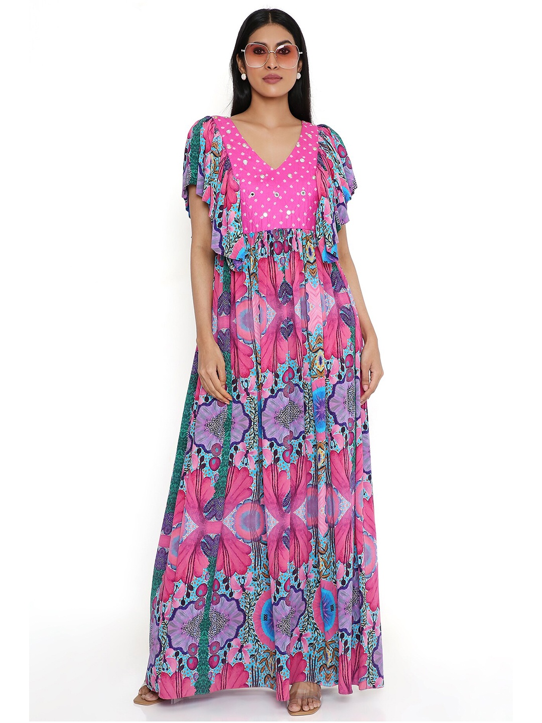 

Payal Singhal Bandhani Print Flutter Sleeves Mirror Work Crepe Maxi Dress, Pink