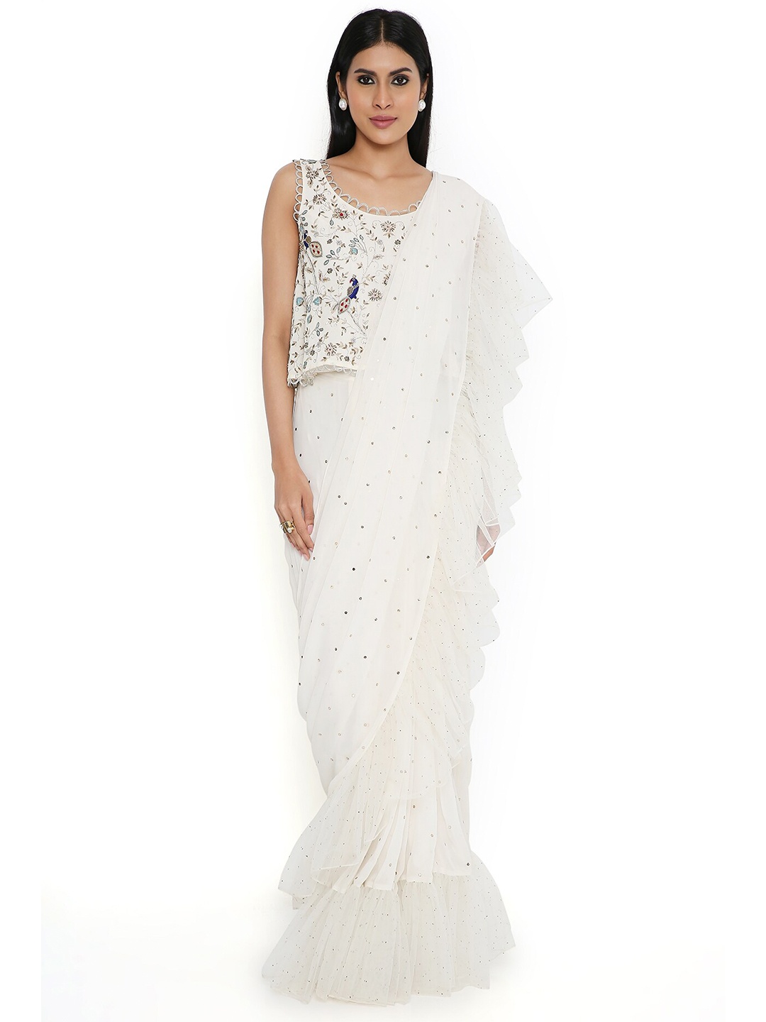 

Payal Singhal Embellished Pure Georgette Ready to Wear Net Frill Saree, Off white