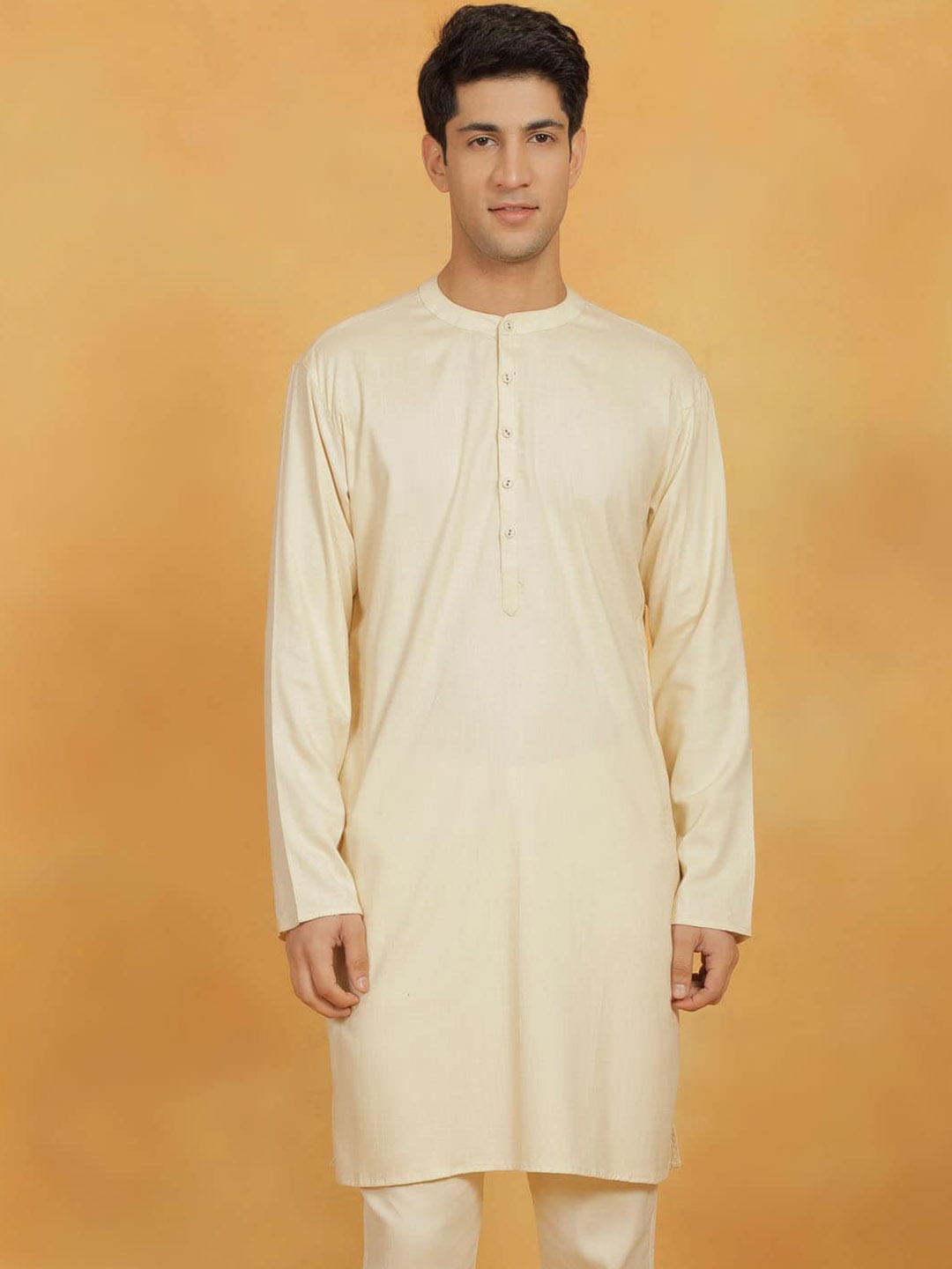 

VASTRAMAY Mandarin Collra Straight Linen Cotton Kurta, Cream