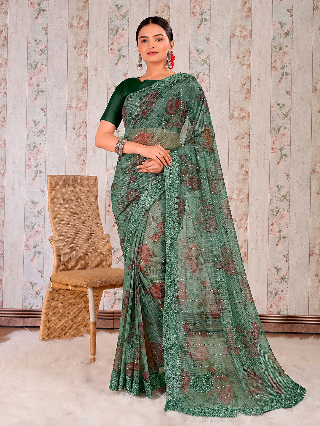 

Mitera Floral Printed Embroidered Sequinned Saree, Green
