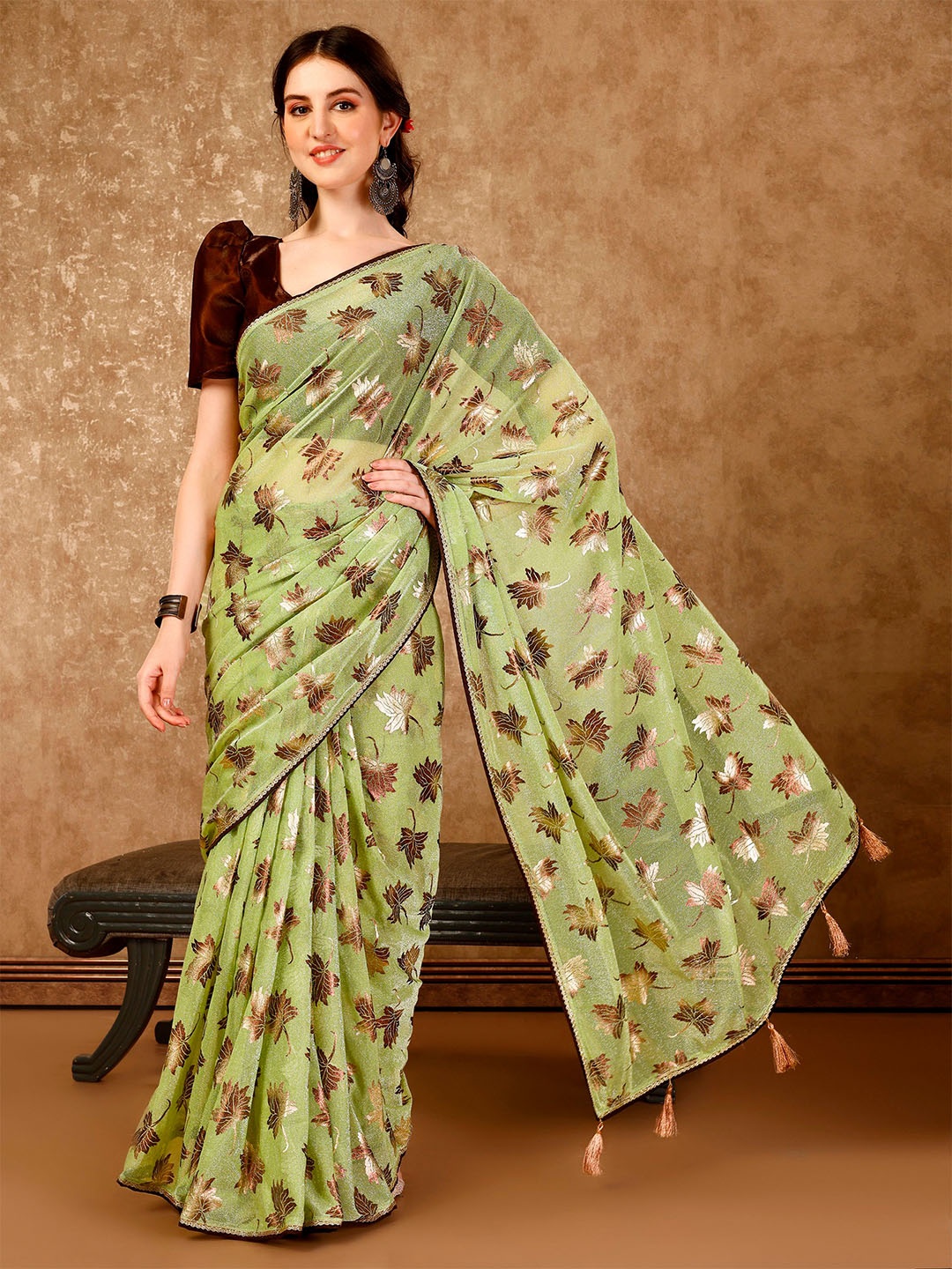 

Mitera Floral Printed Foil Work Ready to wear Saree, Green