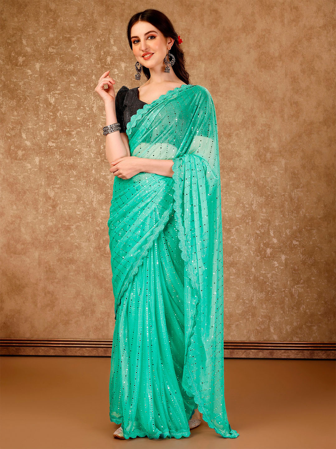 

Mitera Embellished Embroidered Ready To Wear Saree, Green
