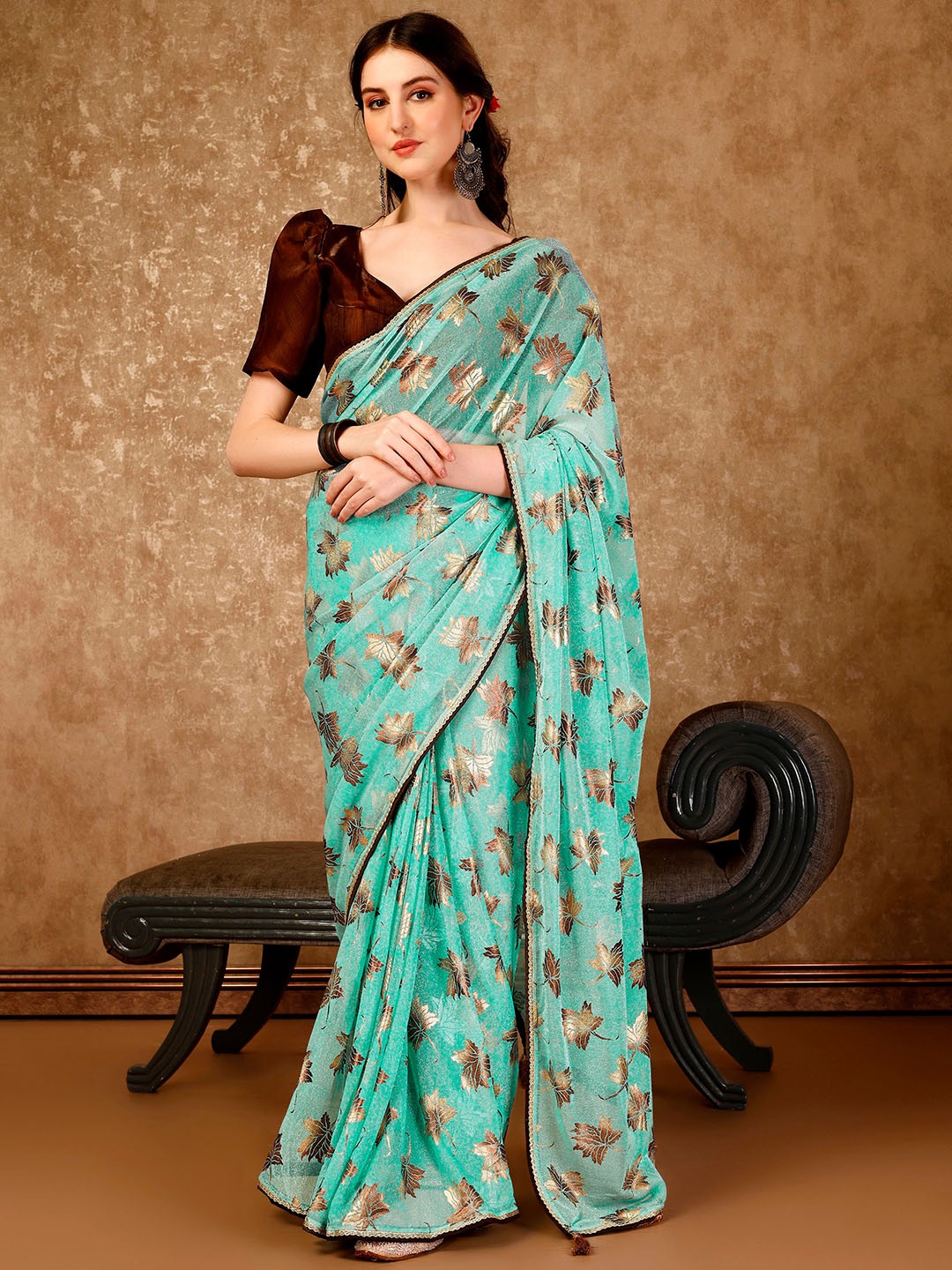 

Mitera Floral Printed Foil Work Ready To Wear Saree, Green