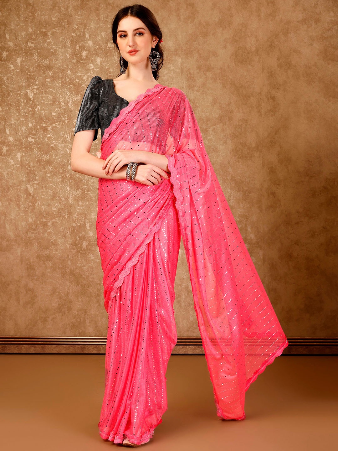 

Mitera Embellished Sequinned Saree, Pink