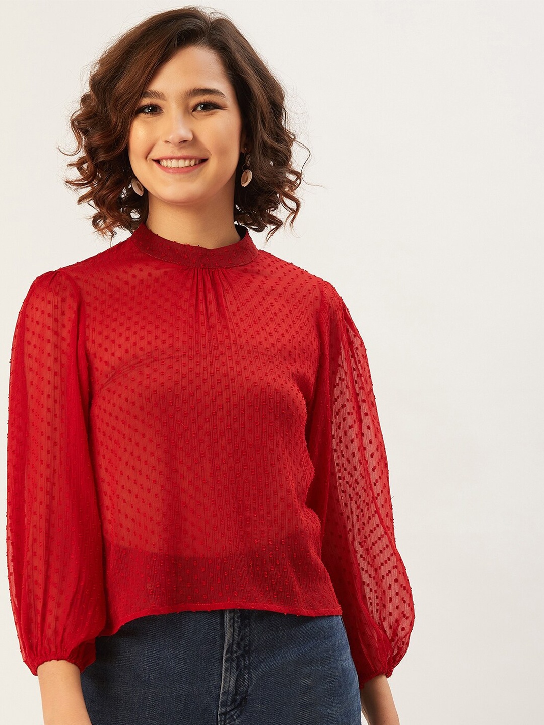 

ANVI Be Yourself Self Design High Neck Long Puff Sleeve Top, Red