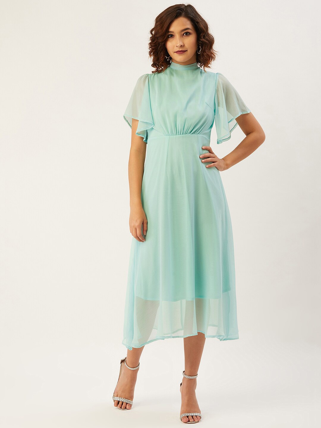 

ANVI Be Yourself Flared Sleeves Chiffon Fit & Flare Midi Dress, Turquoise blue
